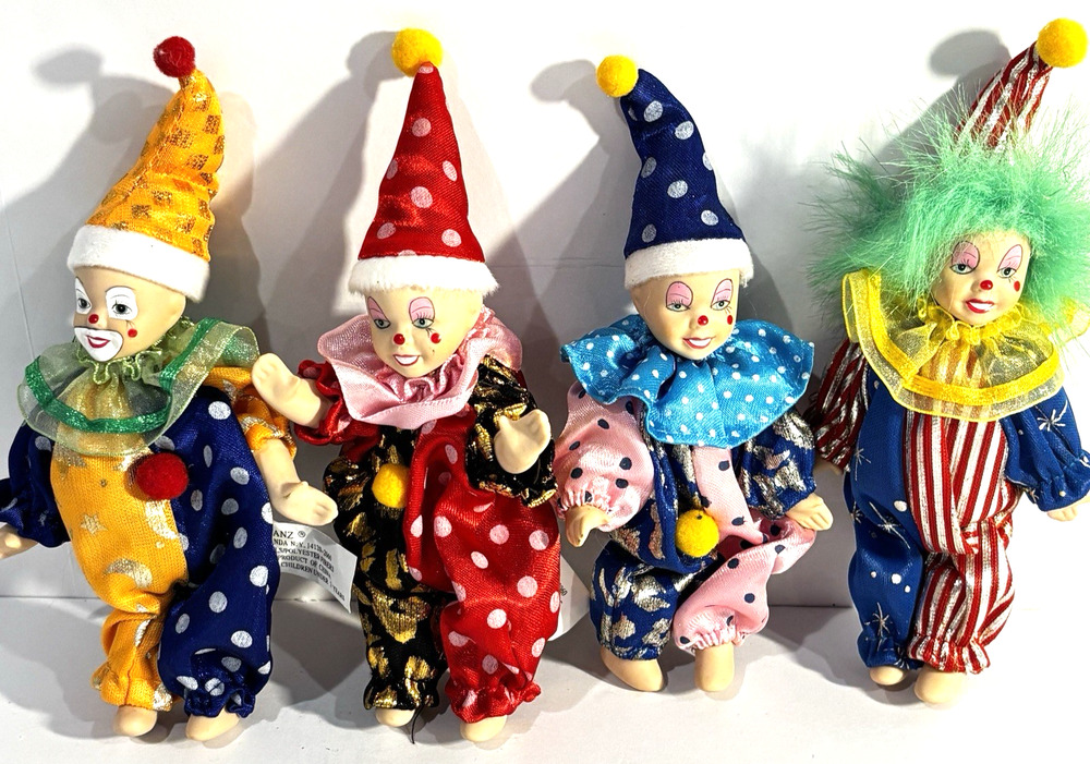 Vintage Ganz Porcelain Ceramic Poseable Circus Clown Doll Set Of 4 w/Tags